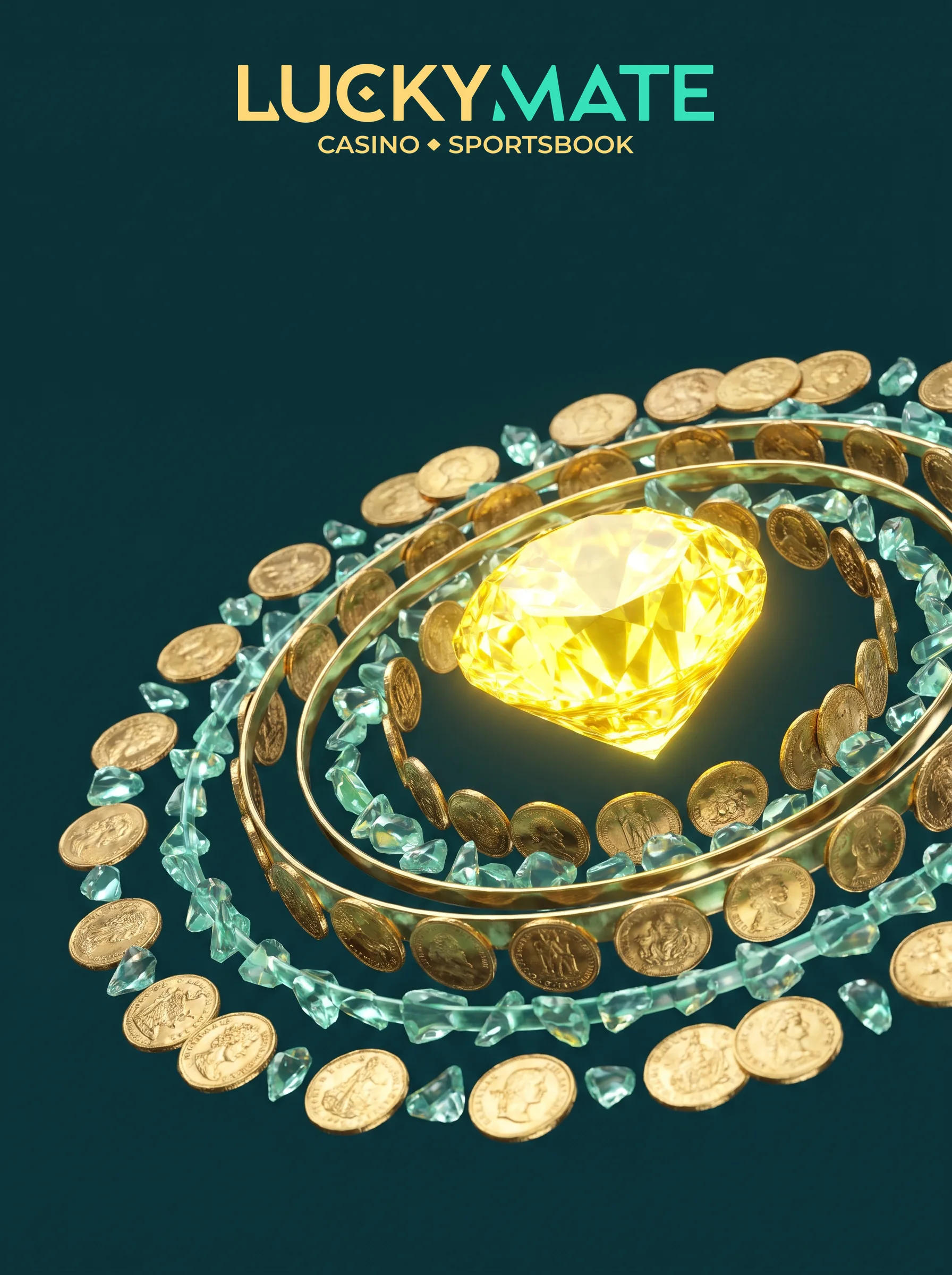 Golden gemstone and coins for the LuckyMate welcome offer